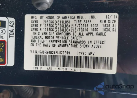 2015 Honda Cr-V Lx z USA, uszkodzony, nr VIN 5J6RM4H38FL020399